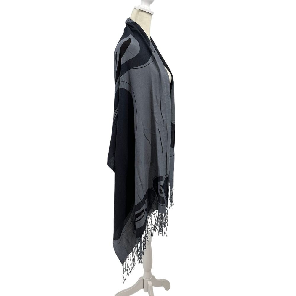 Corrine Hunt Scarf Gray Black Abstract Fringe Wrap Shawl Wool Blend Minimalist - Picture 5 of 10
